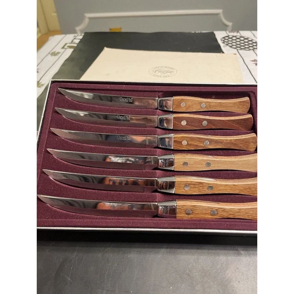 Vtg Carvel Hall Wood Handle Stainless Steak Knives 6pc IOB Japan